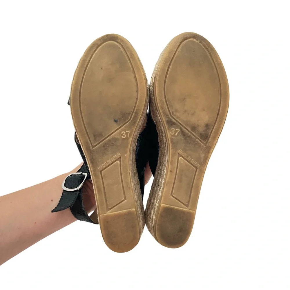 Patricia Green Genuine Leather Black Tan Wedge Espadrilles Sandals 37 7‎